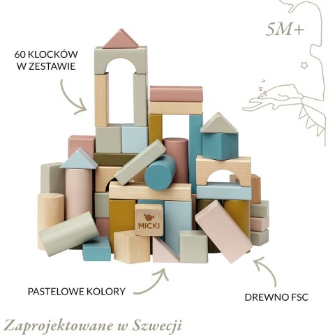 Klocki pastelowe drewniane dla dzieci 60 sztuk zestaw klocków, Micki MICKI