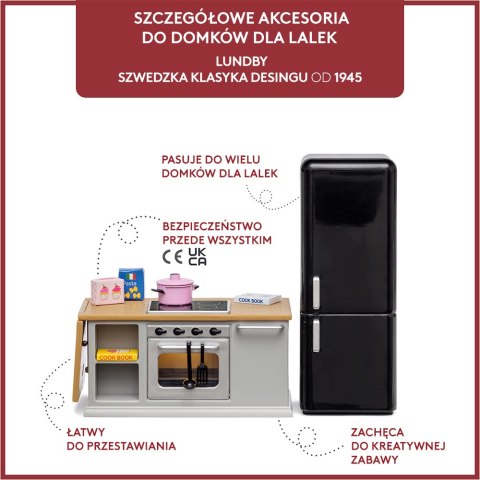 Zestaw mebli kuchennych do domku dla lalek, lodówka, kuchnia zabawka Lundby MICKI