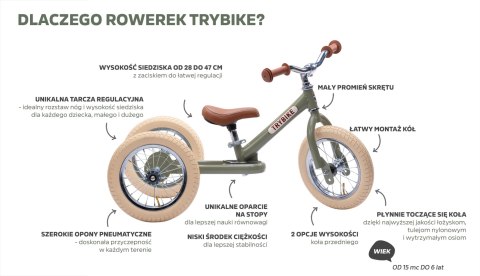 Pierwszy rowerek trójkołowy dziecięcy biegowy 2w1 zielony matowy Trybike CoandCo