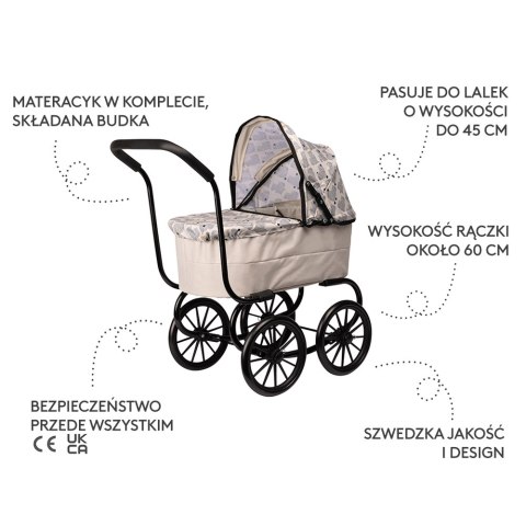 Wózek dla lalek w stylu retro, gondola, zabawa z lalkami, zabawka, Skrallan MICKI