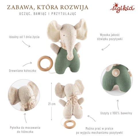 Przytulanka z pozytywką Muślinowy Słonik maskotka dla dzieci sigikid Sigikid