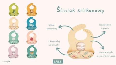 Śliniak silikonowy z kieszonką Miś SASSI